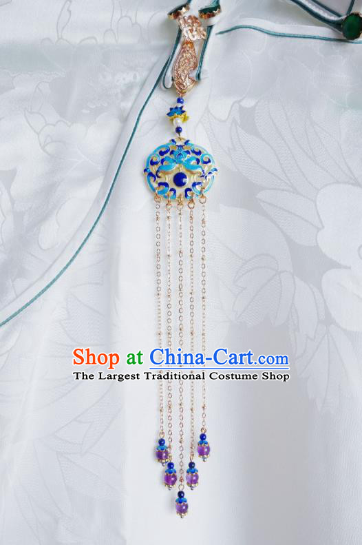 Chinese Classical Cloisonne Lotus Brooch Traditional Hanfu Cheongsam Accessories Handmade Long Tassel Breastpin Pendant for Women