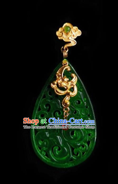 Chinese Handmade Golden Cloud Earrings Traditional Hanfu Ear Jewelry Accessories Classical Green Jade Eardrop for Women