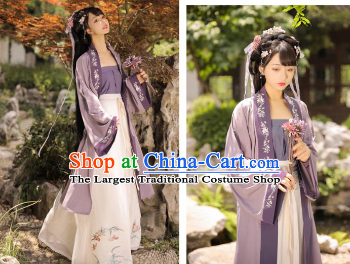 Top Chinese Song Dynasty Young Lady Costumes Traditional Hanfu Garment Ancient Village Girl Embroidered BeiZi Top and Skirt Complete Set