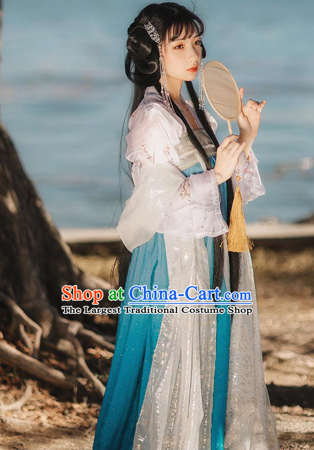 Chinese Tang Dynasty Historical Costumes Traditional Hanfu Garment Ancient Princess Blouse and Blue Chiffon Dress Complete Set