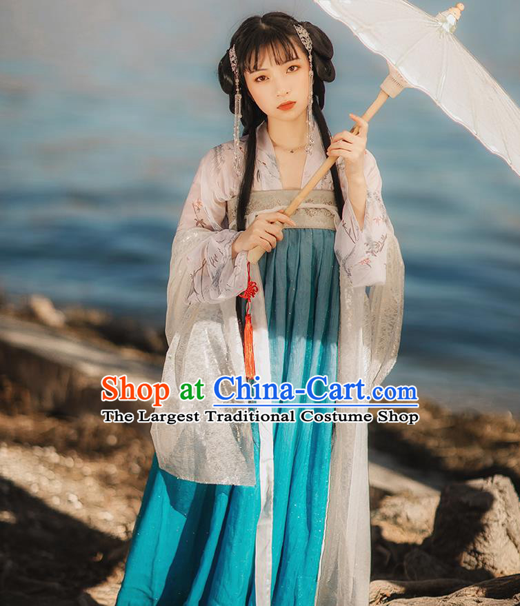 Chinese Tang Dynasty Historical Costumes Traditional Hanfu Garment Ancient Princess Blouse and Blue Chiffon Dress Complete Set