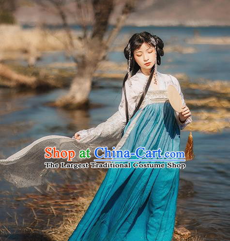 Chinese Tang Dynasty Historical Costumes Traditional Hanfu Garment Ancient Princess Blouse and Blue Chiffon Dress Complete Set