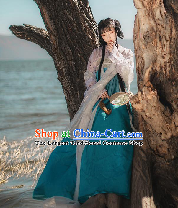 Chinese Tang Dynasty Historical Costumes Traditional Hanfu Garment Ancient Princess Blouse and Blue Chiffon Dress Complete Set