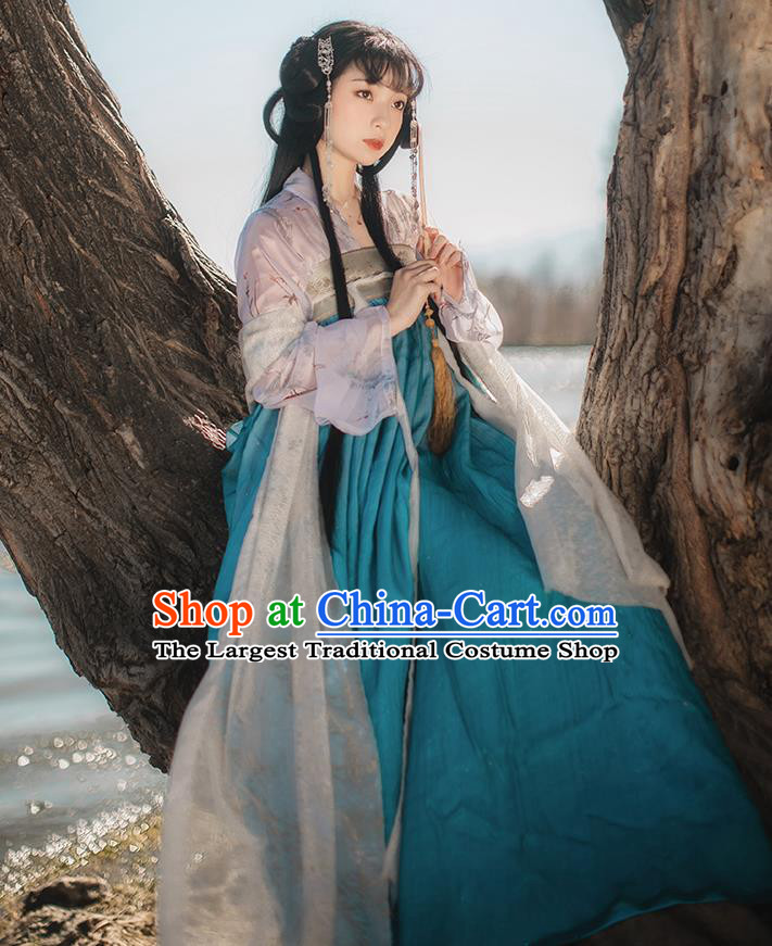 Chinese Tang Dynasty Historical Costumes Traditional Hanfu Garment Ancient Princess Blouse and Blue Chiffon Dress Complete Set