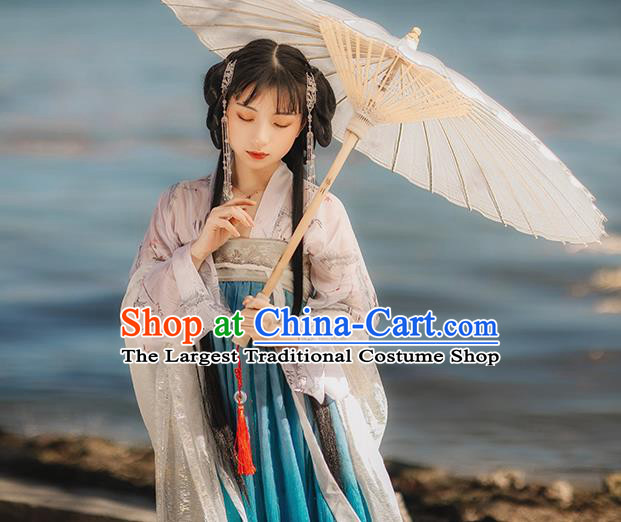 Chinese Tang Dynasty Historical Costumes Traditional Hanfu Garment Ancient Princess Blouse and Blue Chiffon Dress Complete Set