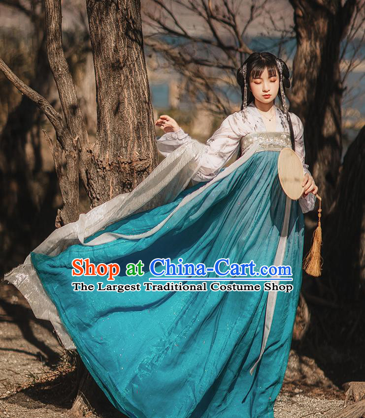 Chinese Tang Dynasty Historical Costumes Traditional Hanfu Garment Ancient Princess Blouse and Blue Chiffon Dress Complete Set