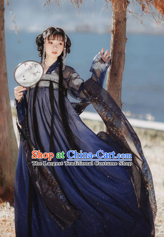 Chinese Tang Dynasty Court Lady Historical Costumes Traditional Hanfu Garment Ancient Princess Navy Blouse and Chiffon Dress for Women