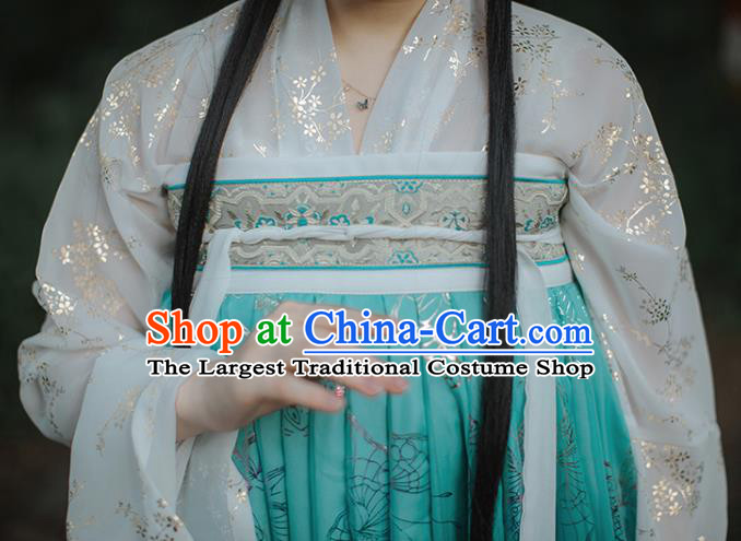 Chinese Tang Dynasty Royal Princess Historical Costumes Traditional Hanfu Garment Ancient Noble Lady Blouse and Green Chiffon Dress Full Set