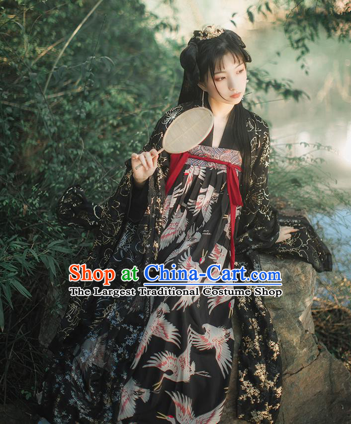 Chinese Tang Dynasty Black Chiffon Cloak Blouse and Dress Traditional Hanfu Garment Ancient Royal Princess Historical Costumes Full Set