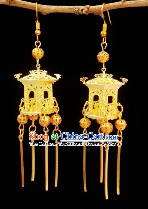 Chinese Handmade Tassel Earrings Traditional Hanfu Ear Jewelry Accessories Classical Qing Dynasty Golden Pavilion Eardrop for Women