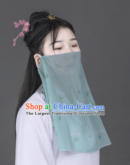 Chinese Traditional Ancient Female Swordsman Light Green Chiffon Printing Face Veil Hanfu Dance Mask Headwear for Women