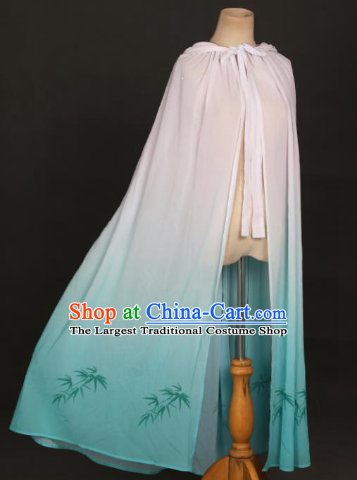 Traditional Chinese Hanfu Light Green Chiffon Cloak Ancient Costume Printing Bamboo Cape with Cap for Women
