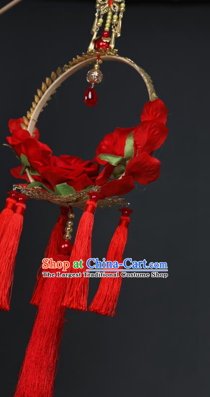 Chinese Handmade Stage Show Prop Decoration Traditional Red Roses Lantern Tassel Portable Lamp