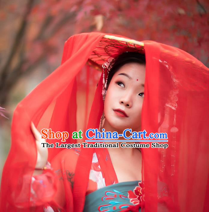 Chinese Traditional Ancient Female Swordsman Headwear Handmade Hanfu Red Chiffon Bamboo Hat for Chivalrous Women