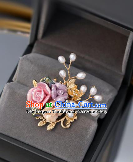 Top Grade Classical Colorful Roses Brooch Accessories Handmade Cheongsam Golden Breastpin for Women