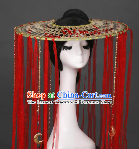 Chinese Traditional Ancient Female Swordsman Headwear Handmade Hanfu Red Silk Ribbon Tassel Bamboo Hat for Women