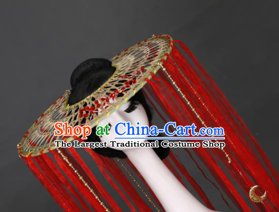 Chinese Traditional Ancient Female Swordsman Headwear Handmade Hanfu Red Silk Ribbon Tassel Bamboo Hat for Women