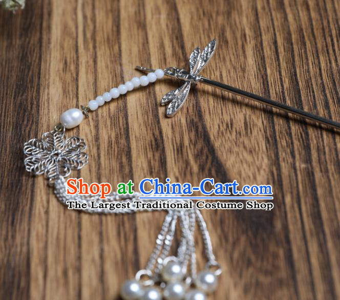 Chinese Traditional Ancient Princess Argent Dragonfly Hair Clip Hanfu Hair Accessories Headwear Tassel Hairpin for Women