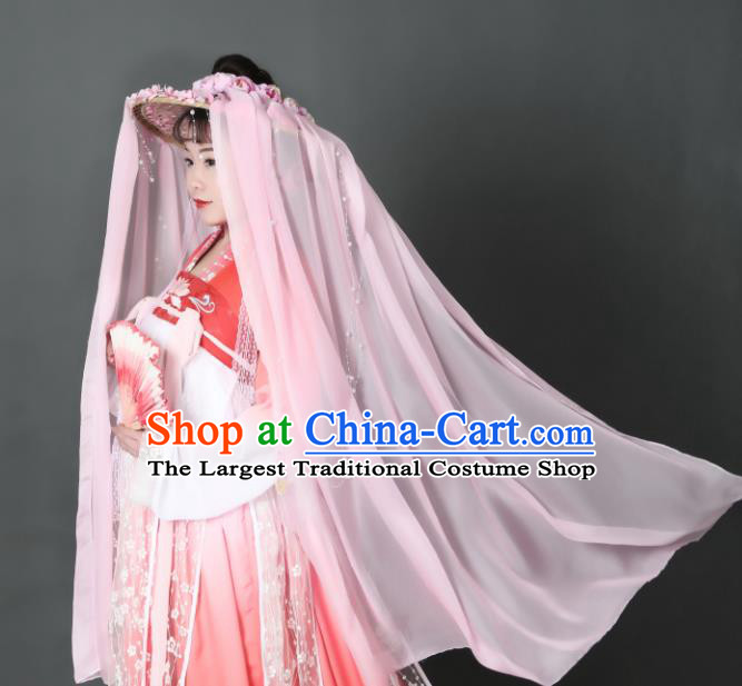 Chinese Traditional Ancient Goddess Headwear Handmade Hanfu Female Swordsman Pink Roses Veil Bamboo Hat