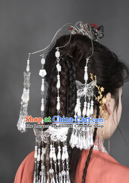 Chinese Traditional Ancient Princess Argent Butterfly Tassel Hair Crown Hanfu Hair Accessories Headwear Hairpin for Women