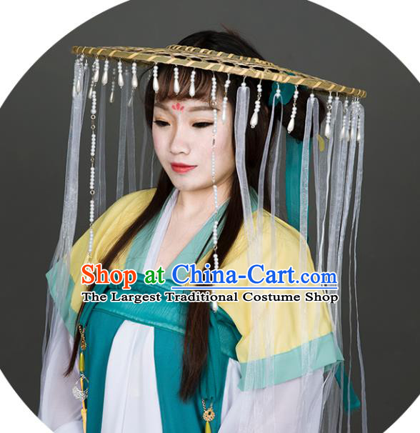 Chinese Traditional Ancient Goddess Beads Tassel Headwear Handmade Hanfu Female Swordsman White Ribbon Bamboo Hat
