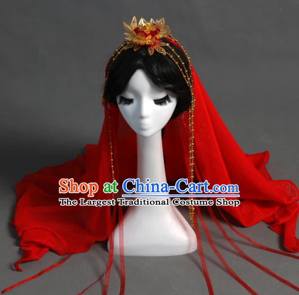 Chinese Traditional Ancient Princess Golden Lotus Hair Crown Hanfu Hair Accessories Red Veil Headwear for Women