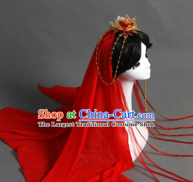 Chinese Traditional Ancient Princess Golden Lotus Hair Crown Hanfu Hair Accessories Red Veil Headwear for Women