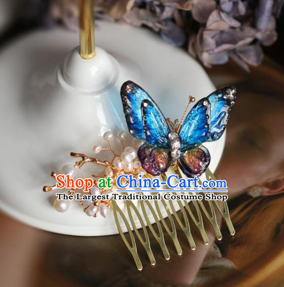 Handmade Retro Blue Butterfly Hair Comb Top Grade Hair Accessories Hair Stick Pearls Hair Pin for Women