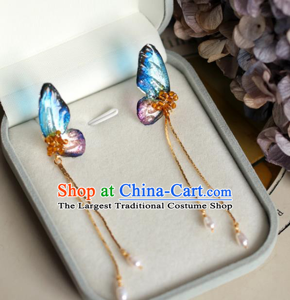 Princess Handmade Butterfly Wing Earrings Fashion Jewelry Accessories Classical Pearls Tassel Eardrop for Women