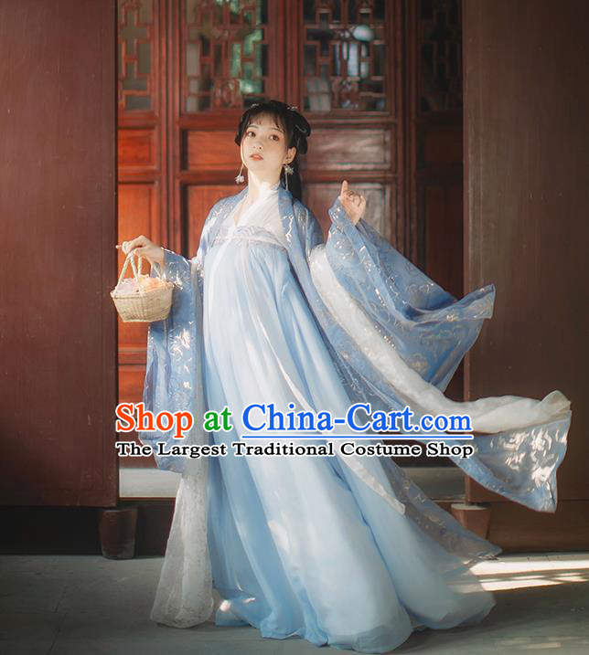 Chinese Tang Dynasty Princess Blue Cape Blouse and Dress Traditional Hanfu Garment Ancient Noble Female Historical Costumes Full Set