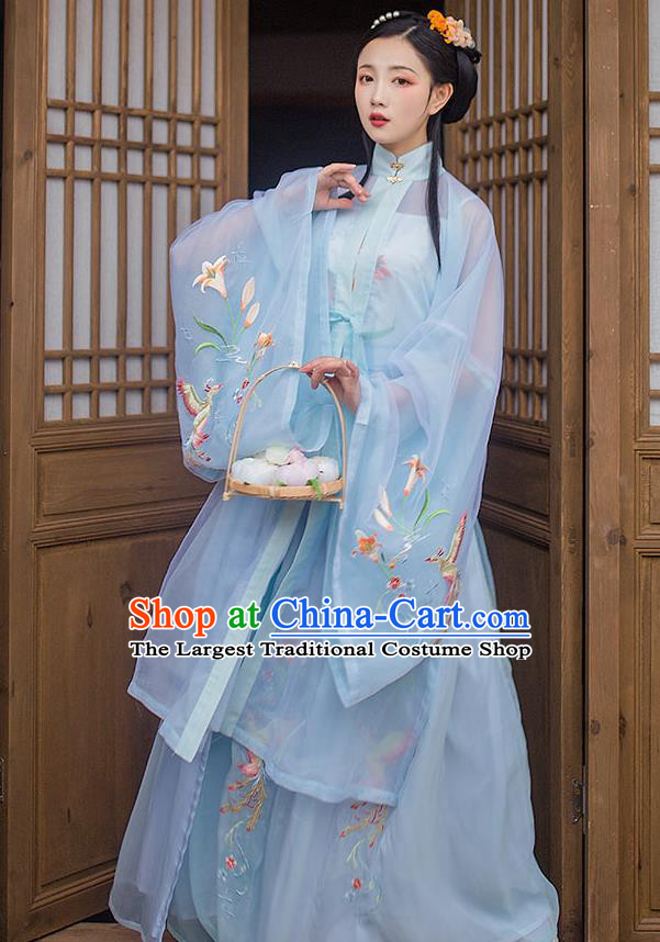 Chinese Ming Dynasty Noble Female Blue Blouse Vest and Skirt Traditional Ancient Rich Lady Historical Costumes Hanfu Garment Full Set