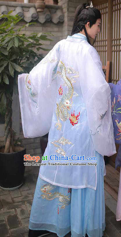 Chinese Ming Dynasty Young Swordsman Cloak Blouse and Skirt Traditional Hanfu Garment Ancient Noble Childe Historical Costumes for Men