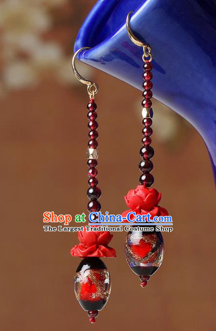 Traditional Chinese Garnet Beads Ear Accessories Handmade Eardrop National Cheongsam Red Rose Earrings for Women