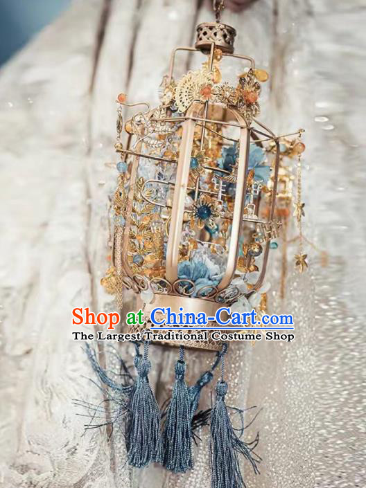 Handmade Chinese Wedding Prop Blue Tassel Palace Lantern Top Grade Bride Accessories Photography Portable Lamp for Women