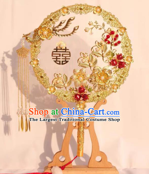 Top Grade Chinese Classical Wedding Golden Round Fan Accessories Handmade Ancient Bride Phoenix Tassel Palace Fans for Women