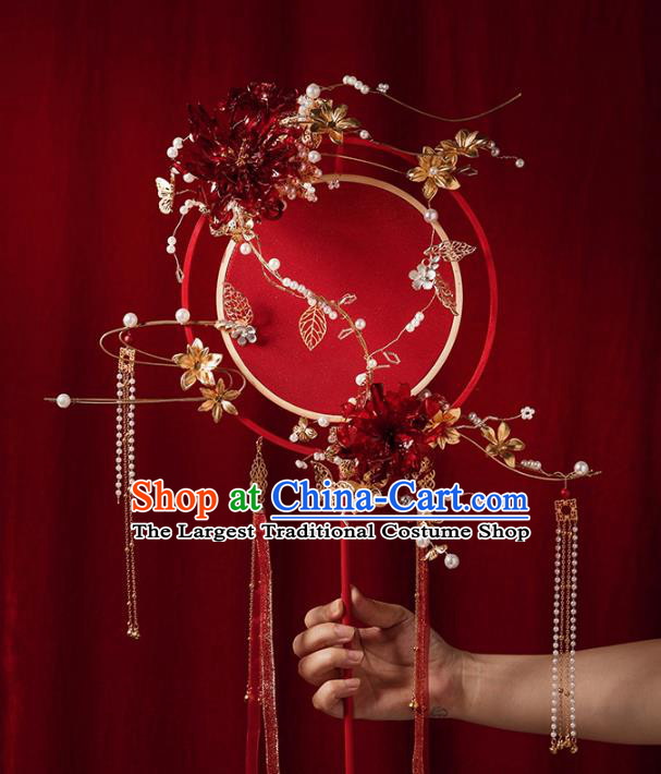 Top Grade Chinese Classical Wedding Red Ribbon Round Fan Accessories Handmade Ancient Bride Tassel Palace Fans for Women