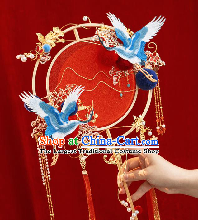 Top Grade Chinese Classical Wedding Cranes Plum Round Fan Accessories Handmade Ancient Bride Red Palace Fans for Women
