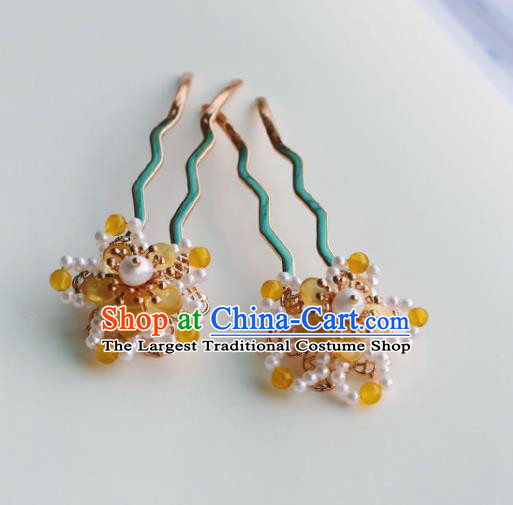 Handmade Chinese Classical Yellow Flower Hair Accessories Traditional Hanfu Headwear Ancient Princess Beads Hairpins for Women