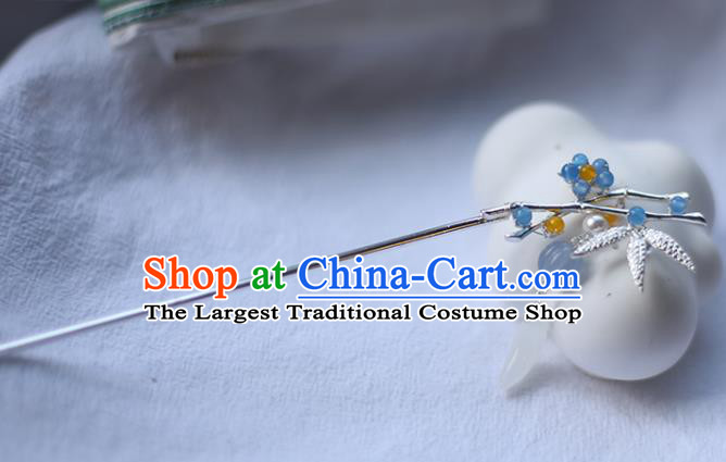 Handmade Chinese Argent Bamboo Leaf Hair Clip Traditional Classical Hanfu Hair Accessories Ancient Princess Blue Plum Hairpins for Women