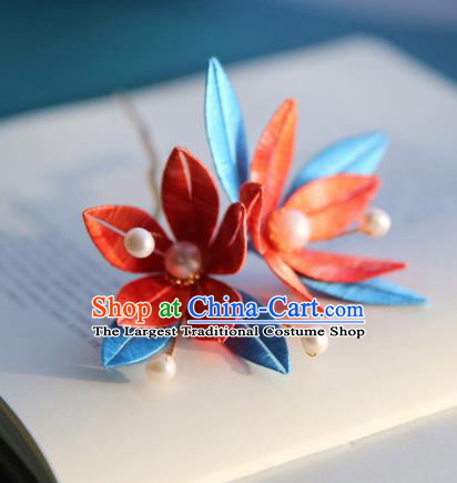 Handmade Chinese Red Silk Flowers Hairpins Traditional Classical Hair Accessories Ancient Princess Hair Clip for Women