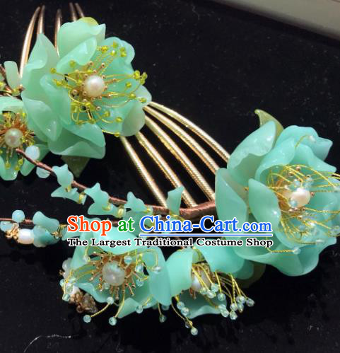 Handmade Chinese Court Flowers Hair Comb Traditional Classical Hair Accessories Ancient Qing Dynasty Green Peony Hairpins for Women