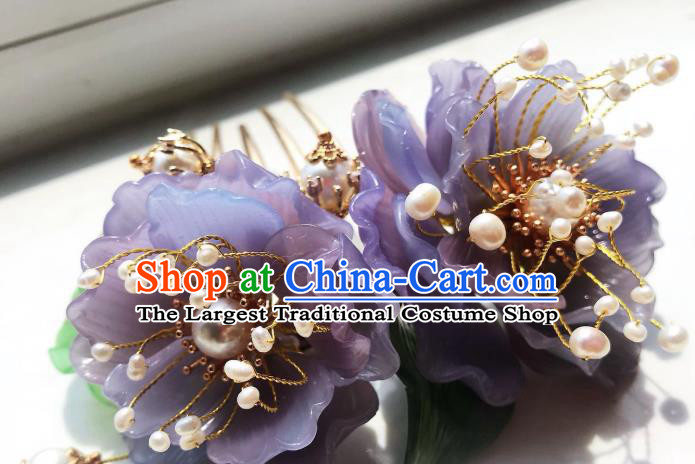 Handmade Chinese Court Hairpins Traditional Classical Hair Accessories Ancient Qing Dynasty Princess Purple Peony Hair Comb for Women