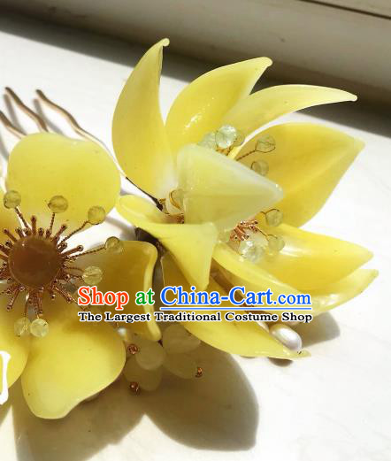 Handmade Chinese Court Pink Chalcedony Hairpins Traditional Classical Hair Accessories Ancient Qing Dynasty Princess Yellow Lotus Hair Comb for Women