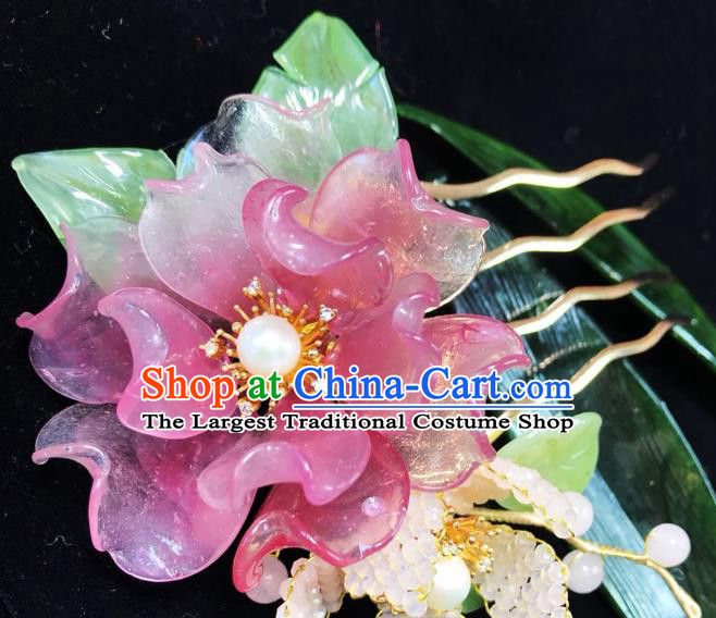 Handmade Chinese Court Beads Leaf Hairpins Traditional Classical Hair Accessories Ancient Qing Dynasty Pink Peony Hair Comb for Women