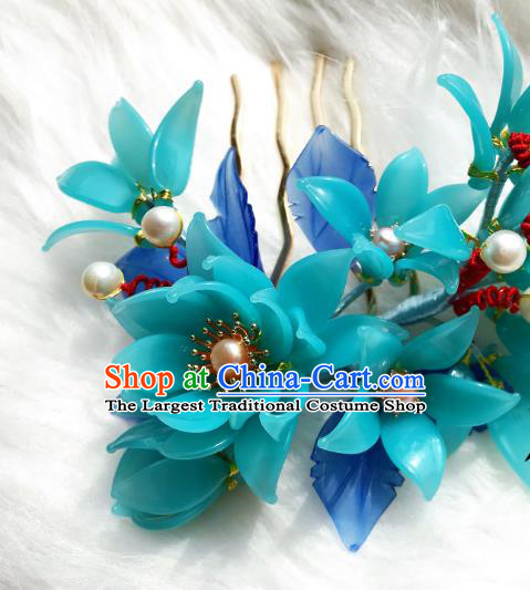 Handmade Chinese Court Blue Peach Blossom Hair Comb Traditional Classical Hair Accessories Ancient Qing Dynasty Hairpins for Women