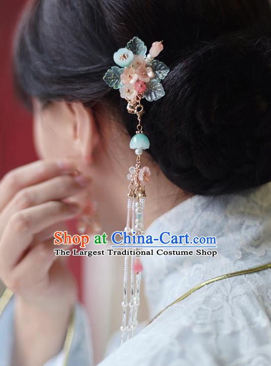 Handmade Chinese Beads Tassel Hair Claw Traditional Classical Hanfu Hair Accessories Ancient Pink Flowers Hairpins for Women