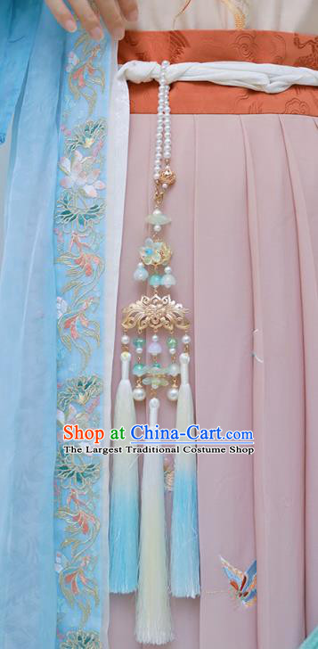 Top Grade Chinese Classical Blue Tassel Waist Accessories Handmade Ancient Golden Lotus Belt Pendant for Women