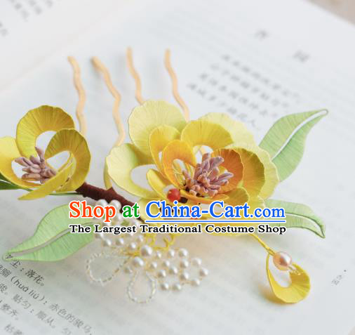 Handmade Chinese Classical Yellow Silk Flowers Hairpins Traditional Hair Accessories Ancient Qing Dynasty Court Peony Hair Comb for Women