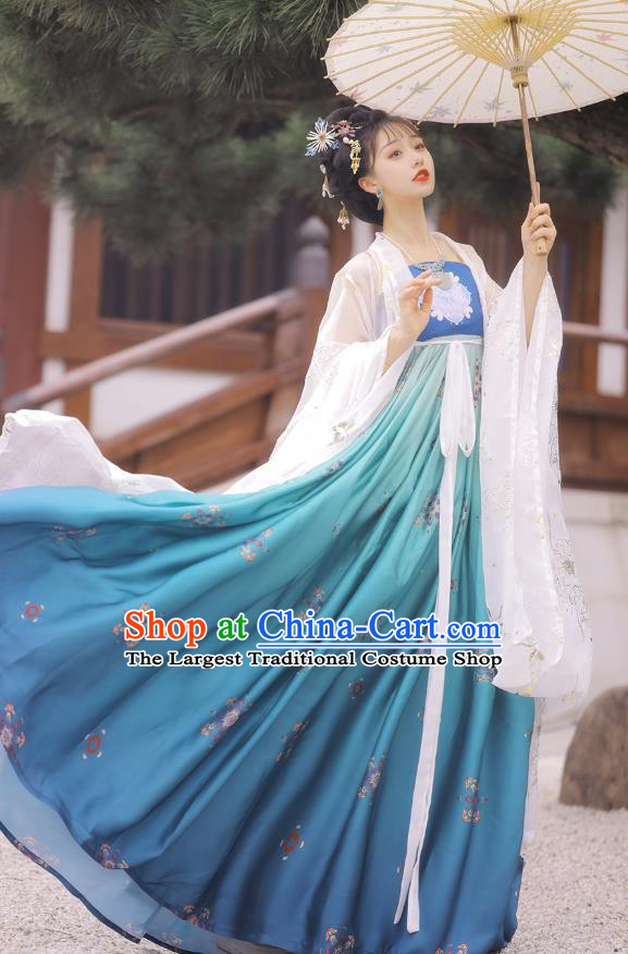 Chinese Tang Dynasty Princess Cloak and Blue Dress Traditional Hanfu Garment Ancient Court Women Historical Costumes Full Set