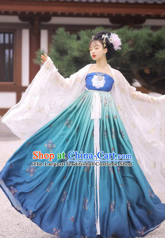 Chinese Tang Dynasty Princess Cloak and Blue Dress Traditional Hanfu Garment Ancient Court Women Historical Costumes Full Set